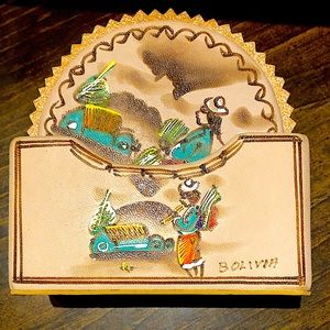 Set of 6 Handpainted Leather coasters with case signed Bolivia